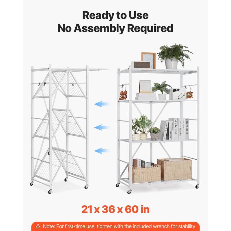 White Carbon Steel Garage Folding Storage Shelf with Wheels and 750 lbs Capacity - 21 x 36 x 60 in