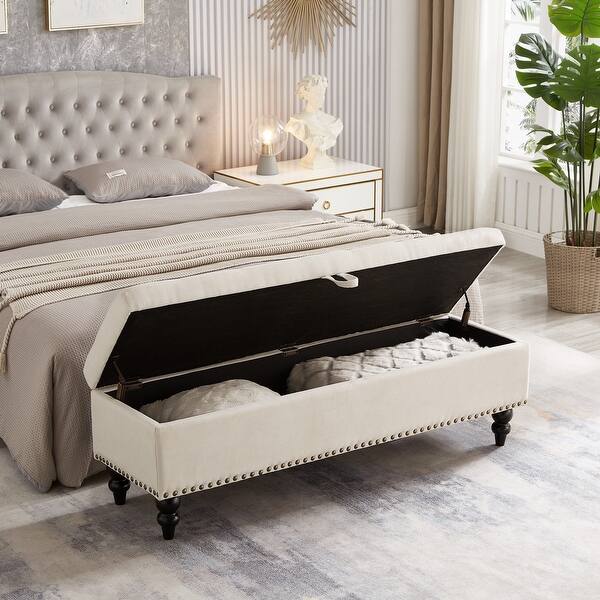 59 Inch Storage Bench Ottoman - Beige Fabric Upholstered Bench With Hidden Compartment