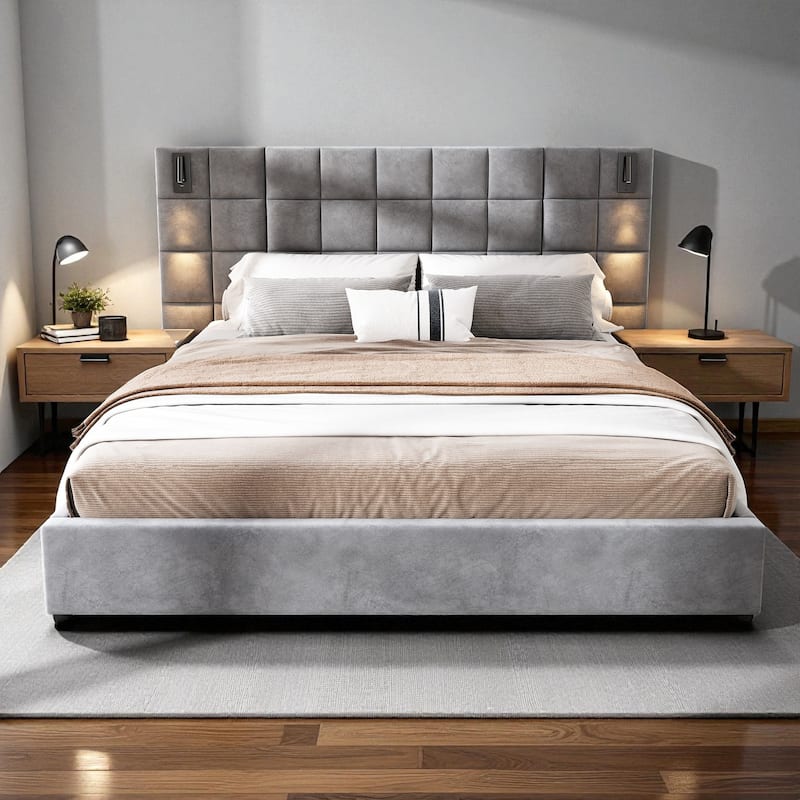 King Size Velvet Upholstered Bed Frame with Wide Headboard, Wall Sconce Reading Light & USB Port, No Box Spring Needed