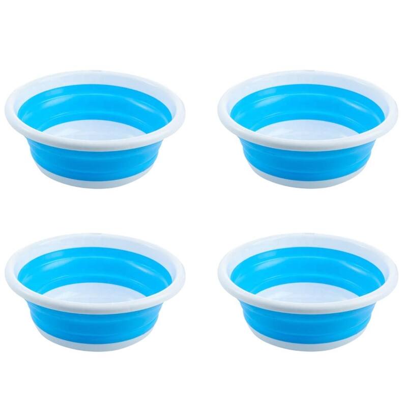 Plastic Round Collapsible Washbasin Dishpan Collapsible Saving Space, 5.5 Quart - Pack of 4 - Blue