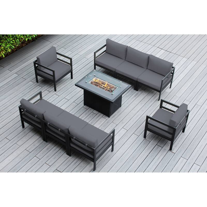 Ohana Outdoor 9-pc. Cushioned Aluminum Sectional with 42" Fire Table - Supercrylic Gray