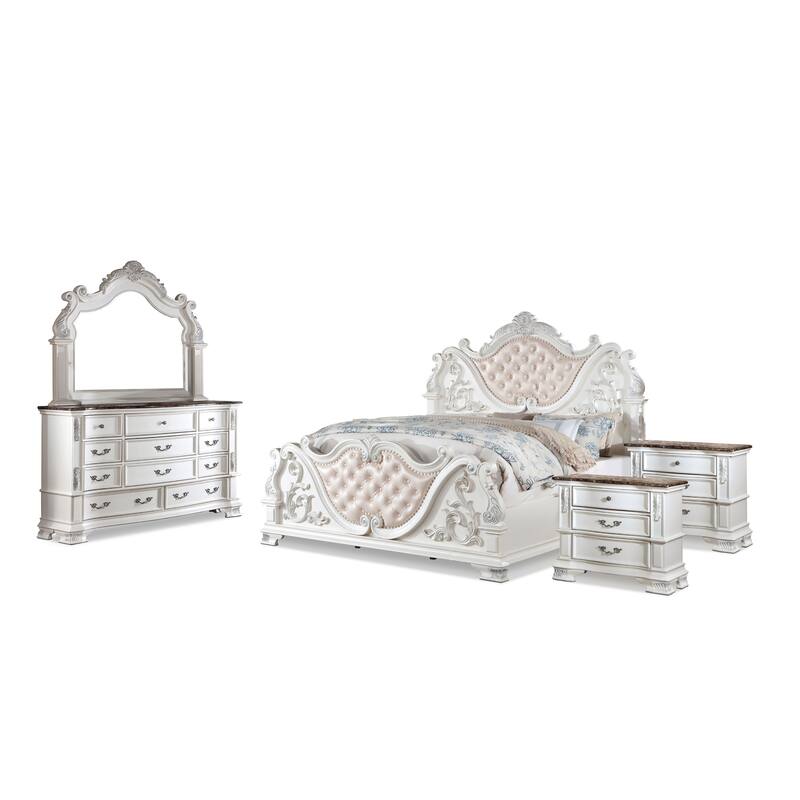 Furniture of America Wrea Traditional 5-Piece White Faux Leather Button Tufted Panel Bedroom Set