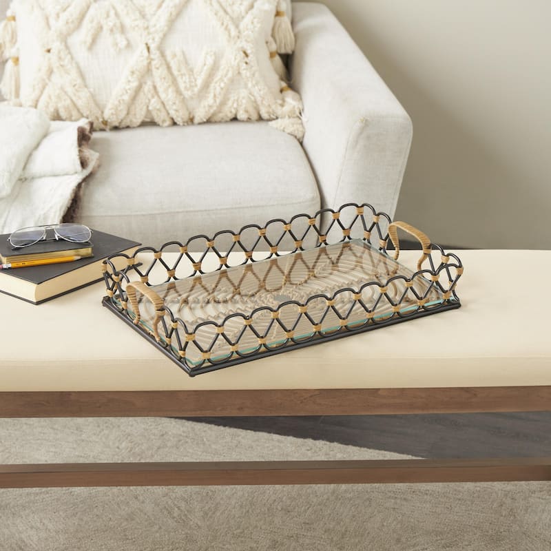 Metal Circular Woven Living Room Decor Tray with Glass Base - Black - Roche River Decor