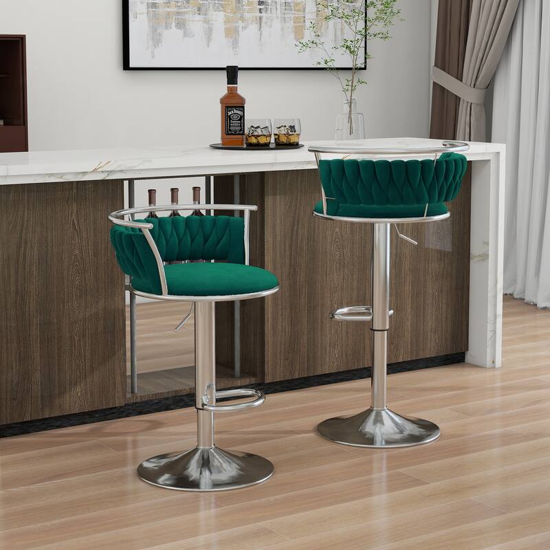 2 Set Velvet Swivel Adjustable Bar Stools with Footrest - Set of 2 - Dark Green Silver 2Set