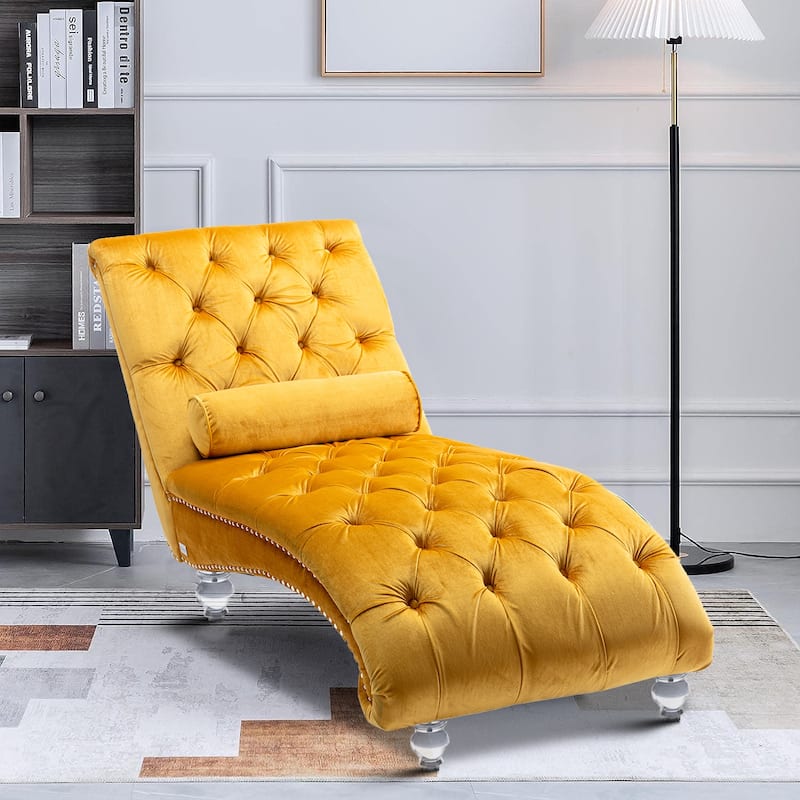 Elegant Stylish Velvet Upholstered Leisure Lounge Chair with Transparent Acrylic Legs - Mustard