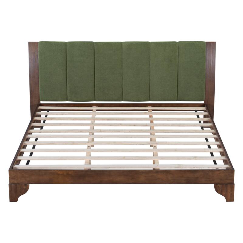 Mid-Century Modern Wood Platform Bed Frame with Upholstered Headboard, Wood Slat Support, No Box Spring Needed, Easy Assembly