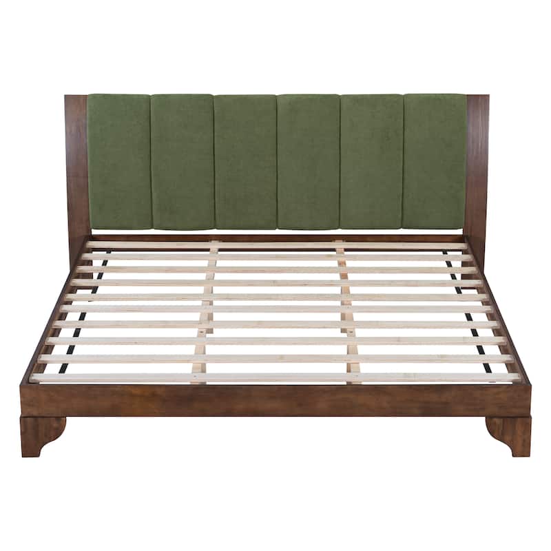 Pine Wood Bed Frame Mid Century Modern Platform Bed with Green Upholstered Headboard, Wood Slat Support Low Profile Wingback Bed
