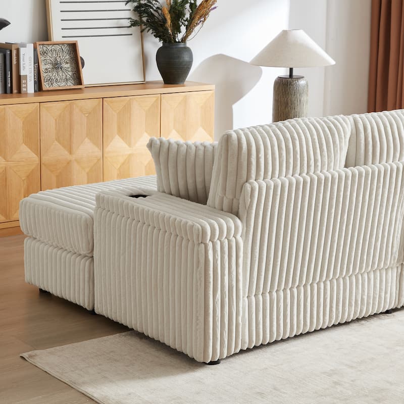84" Corduroy 3-Seater Sofa with Storage, Ottoman and Cup Holders, Includes 5 Pillows