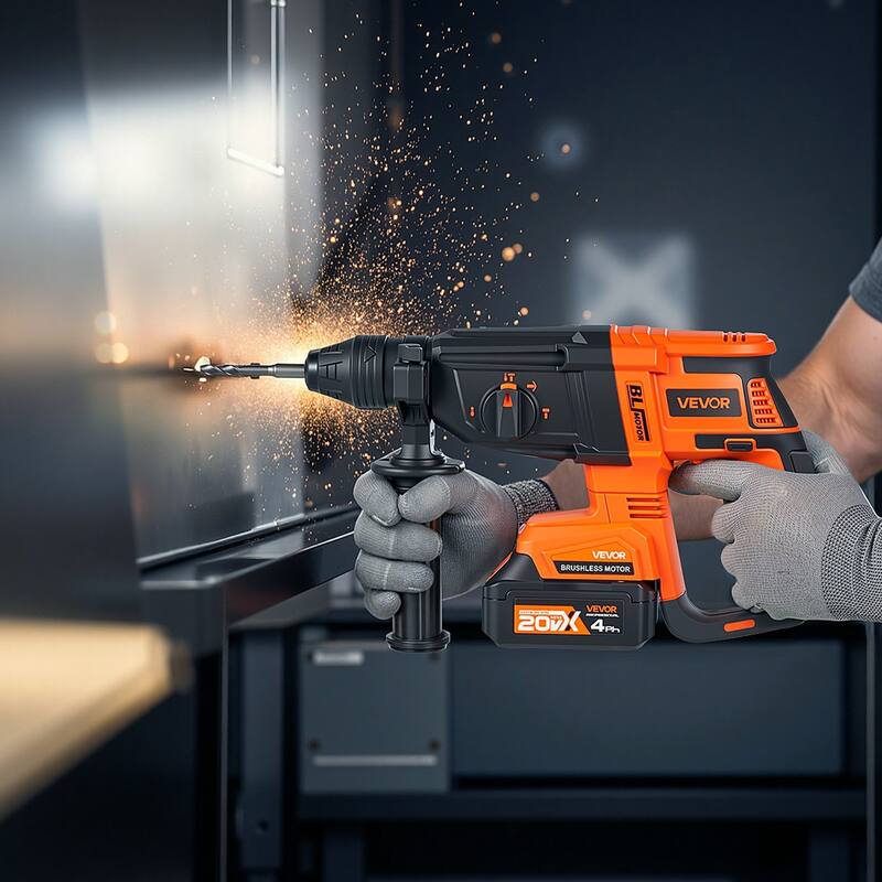 Cordless Rotary Hammer Drill 20V with 4.0Ah Battery and 4 Modes SDS-Plus 2.8J Impact for Concrete - 13” x 8.7” x 4.3”