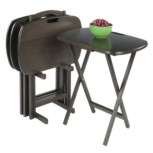 Walnut finish 5 pc wooden tray table set sales folding portable stand tv dinner snack