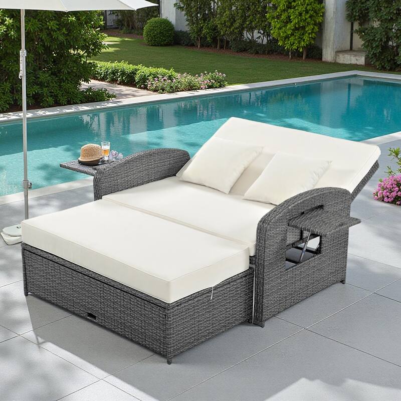 Outdoor Patio Rattan Double Reclining Daybed with Adjustable Back and Cup Trays, Free Protection Cover - White