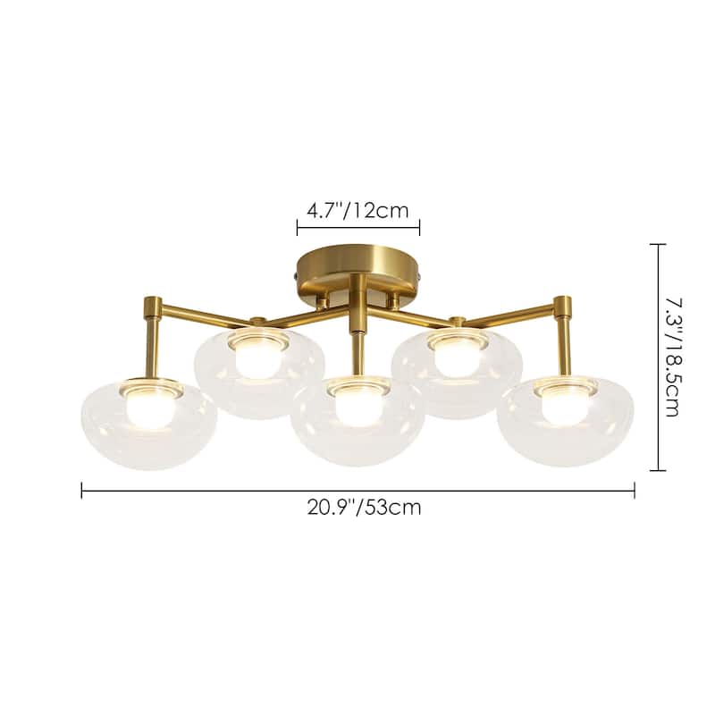 20.9" 5-Light Modern Gold Integrated LED Bathroom Vanity Light/Semi-Flush Mount Light with Clear Oval Glass Shades