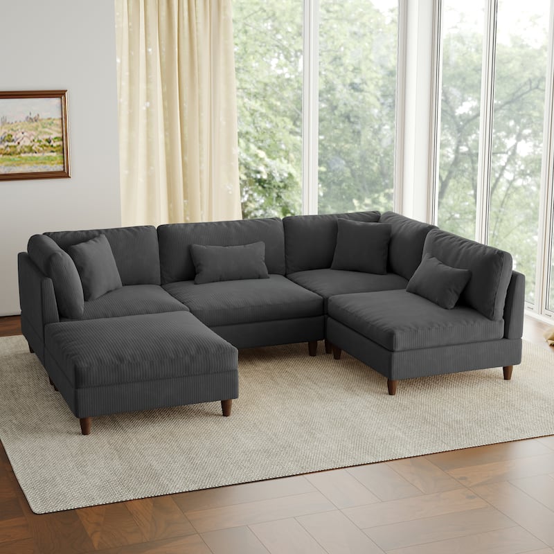 5-Piece Modern Comfy Corduroy Modular Sectional Sofa with Ottoman