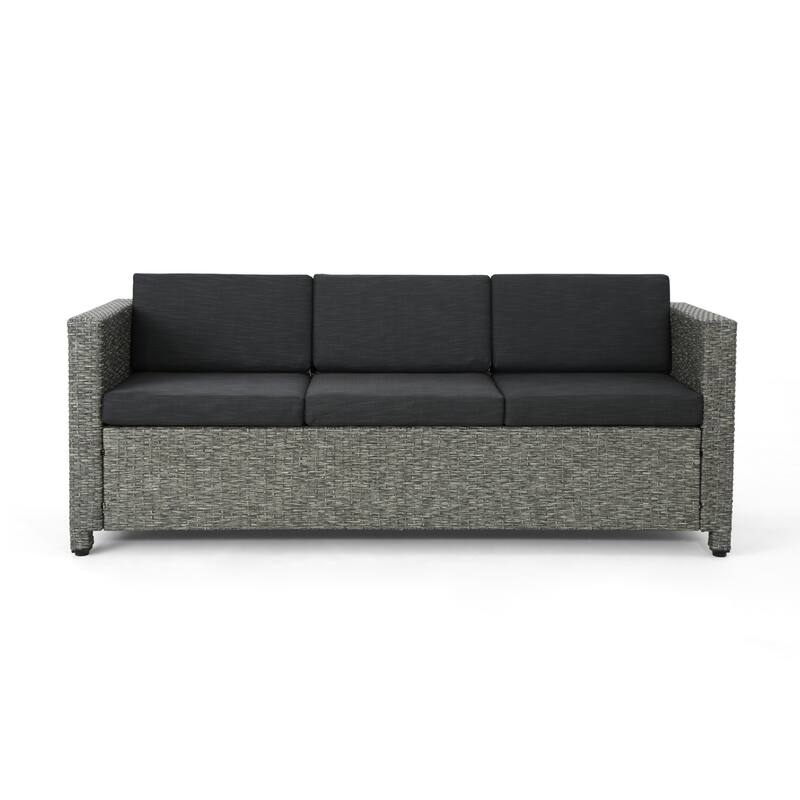 Roomfitters Outdoor Sofa with All-Weather Wicker, Removable Cushions, 3-Seater Patio Couch, Black+Grey