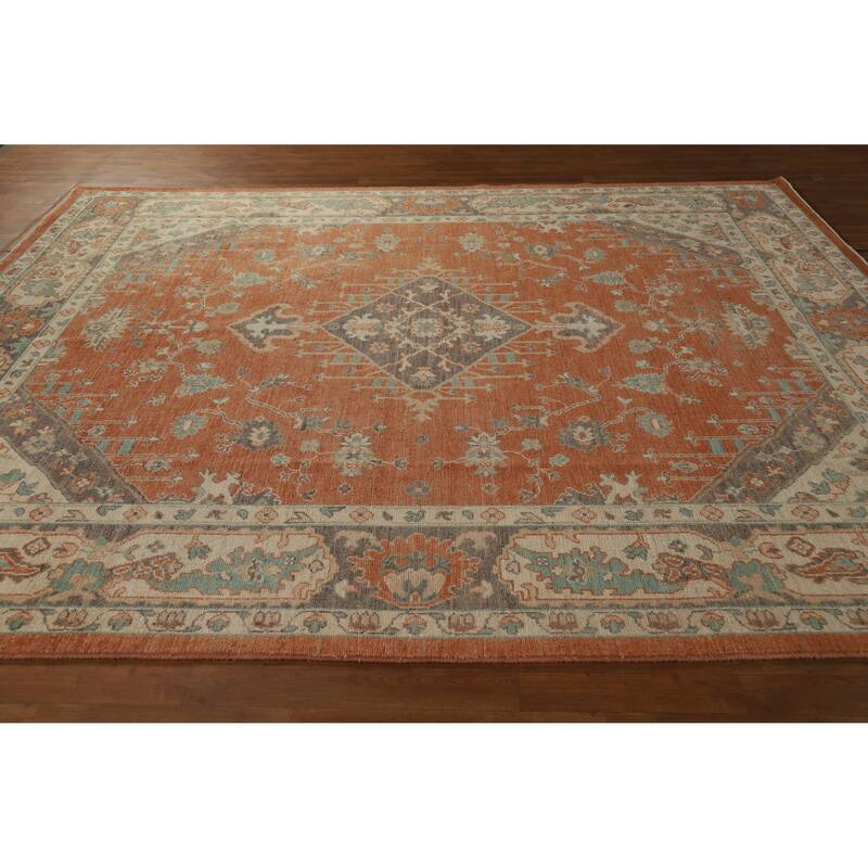 Hand Knotted Oriental 100% Wool Carpet Transitional Medallion Oranges & Rust Oushak Area Rug - 10' 1'' X 8' 5''