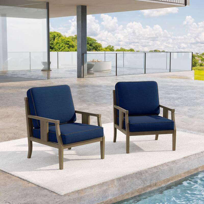 Set of 2 Outdoor Teak Wood Armchairs with Cushions, Patio Club Chairs