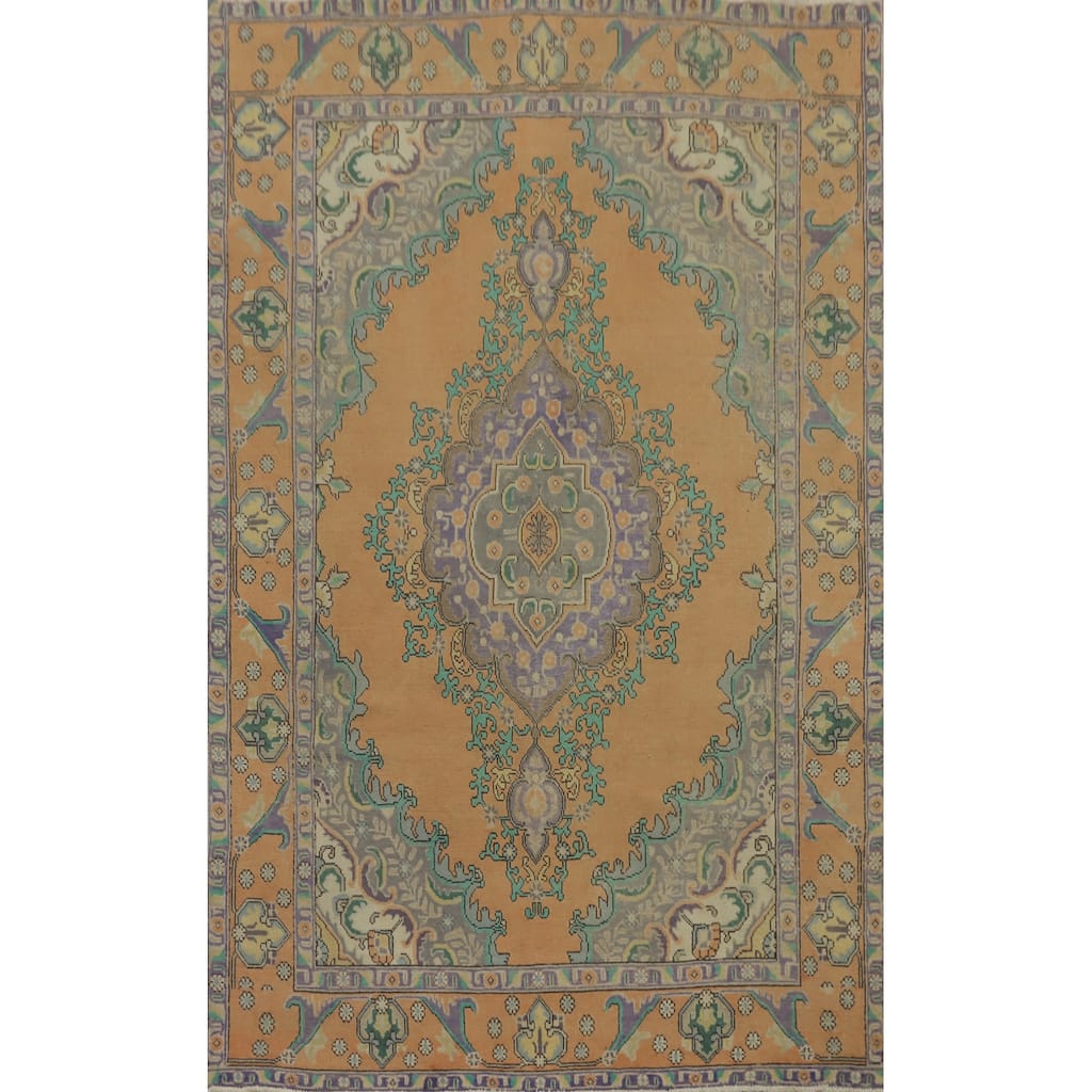 Hand Knotted Oriental 100% Wool Carpet Traditional Medallion Oranges & Rust Tabriz Area Rug - 9' 5'' X 6' 4''