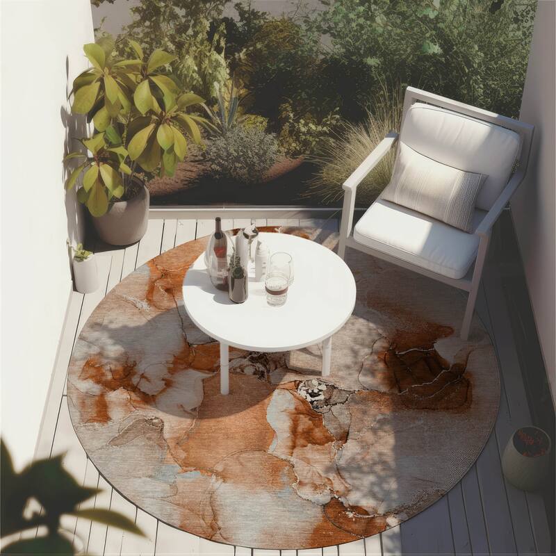 Alfimo Contemporary Abstract Weather Resistant Classic Meets Modern Round Outdoor Rug - 8' Round