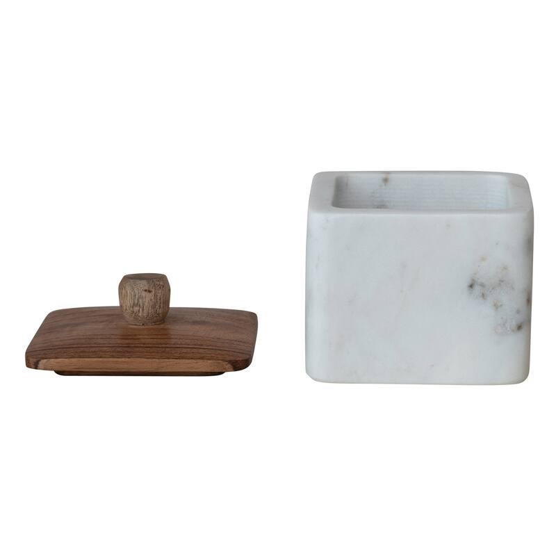 Marble Container with Acacia Wood Lid - 4.0"L x 4.0"W x 4.25"H