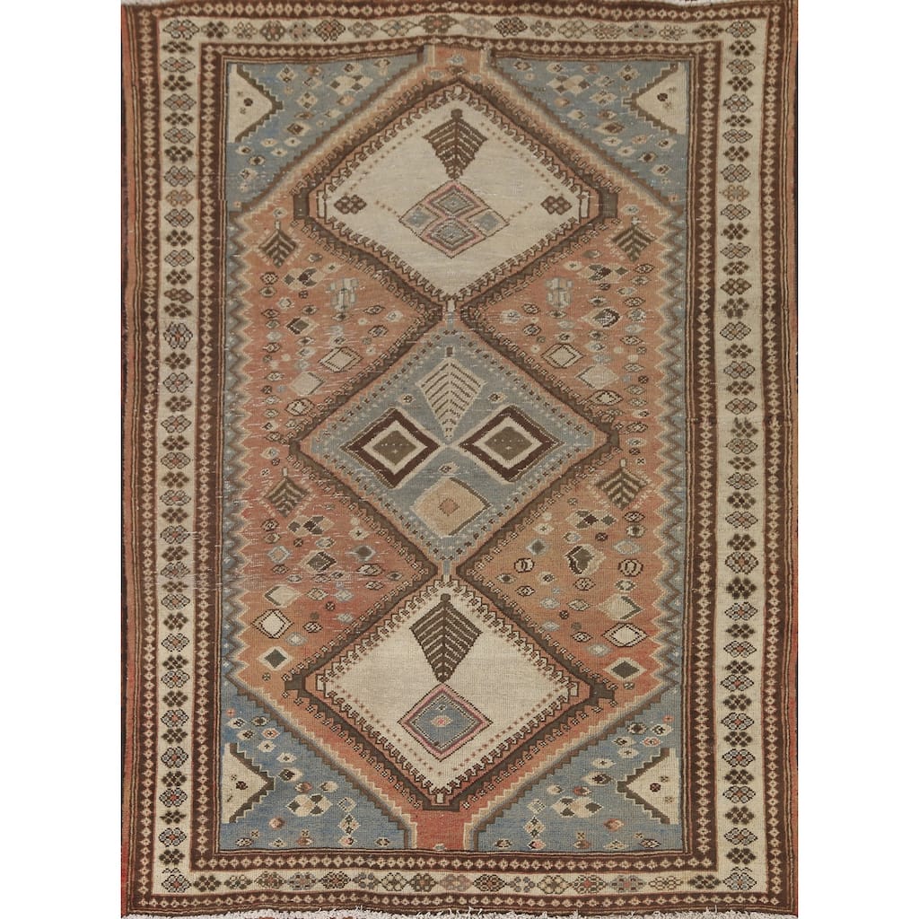 Tribal Geometric Bakhtiari Persian Vintage Rug Handmade Wool Carpet - 5'1" x 6'7"