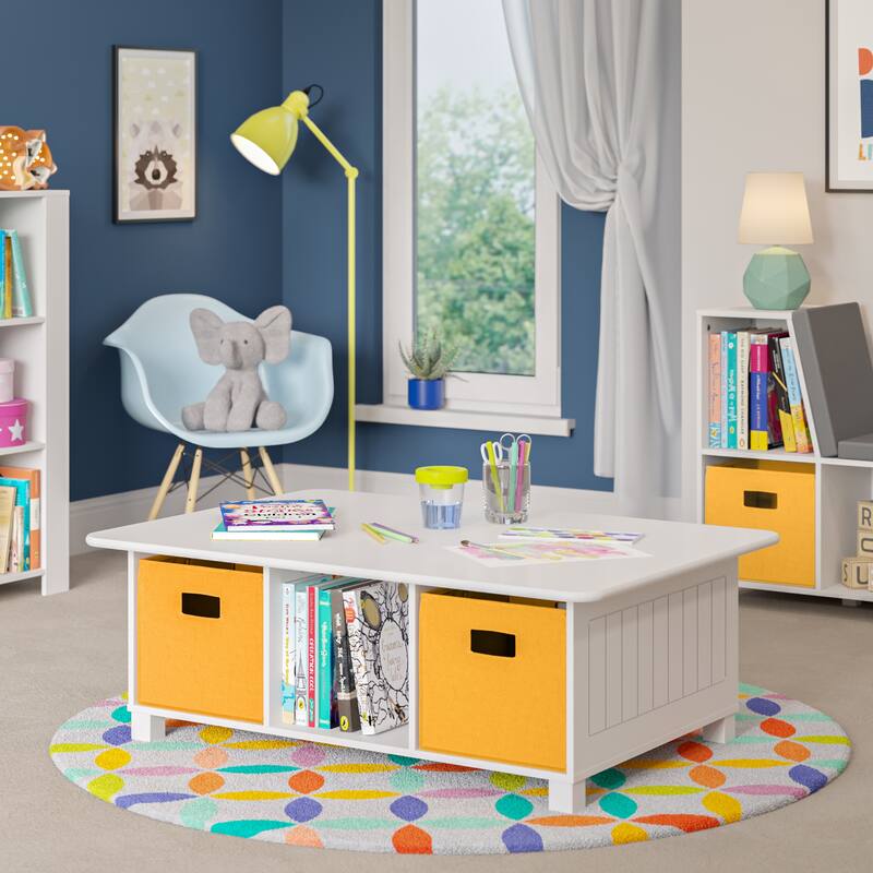RiverRidge Kids Desk, Activity and Play Table with 6 Storage Cubbies - White with Golden Yellow Bins