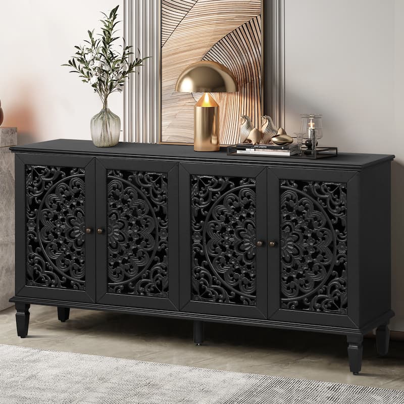 60" Antique Buffet Cabinet with Floral Carvings with Solid Wood Legs&Adjustable Shelves, TV Stand for 65''+ TV