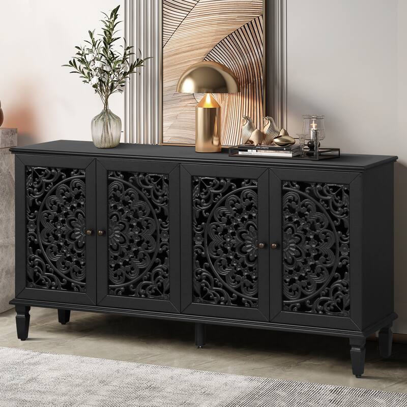 Roomfitters 60" Antique Buffet Cabinet, Floral Carved 4-Door Sideboard with Solid Wood Legs & Brass Handles