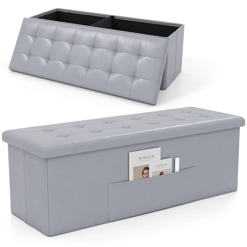 Costway 43 Inches Folding Storage Ottoman Bench with Side Pocket - Grey