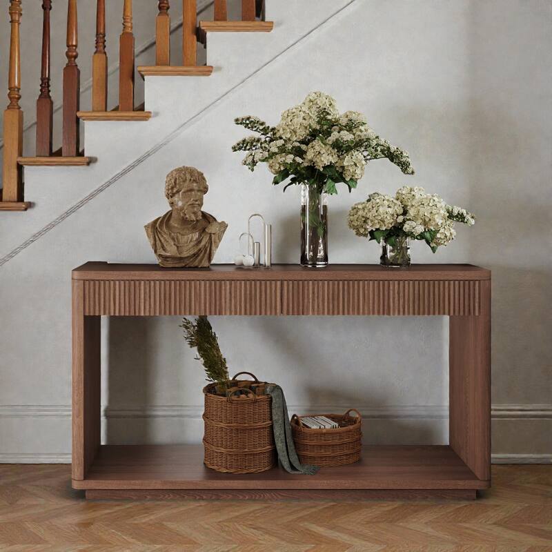 60" Modern Fluted Console Table with 2 Drawers, Natural Wood Veneer Sofa Table for Living Room Hallway Entryway