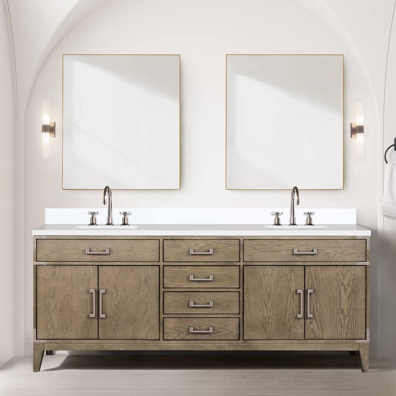 Laurel 60 in W x 22 in D Black Oak Double Bath Vanity, White Quartz Top, Faucet Set, and 28 in Mirrors
