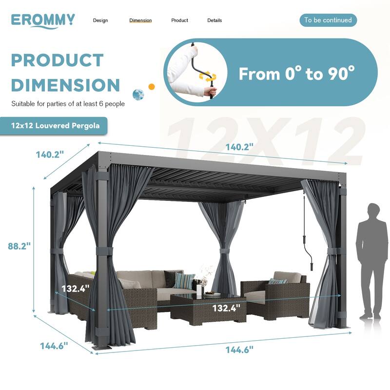 EROMMY Outdoor Louvered Pergola Gazebo with Adjustable Aluminum Rainproof Roof
