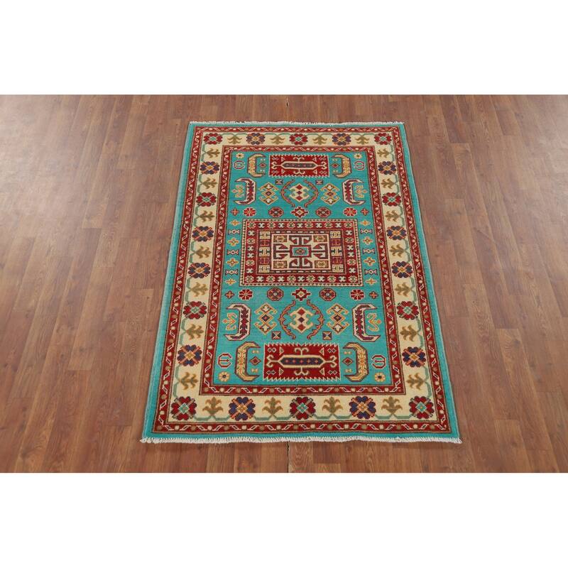 Turquoise Blue Kazak Accent Rug Handmade Wool Carpet - 3'4" x 5'1"