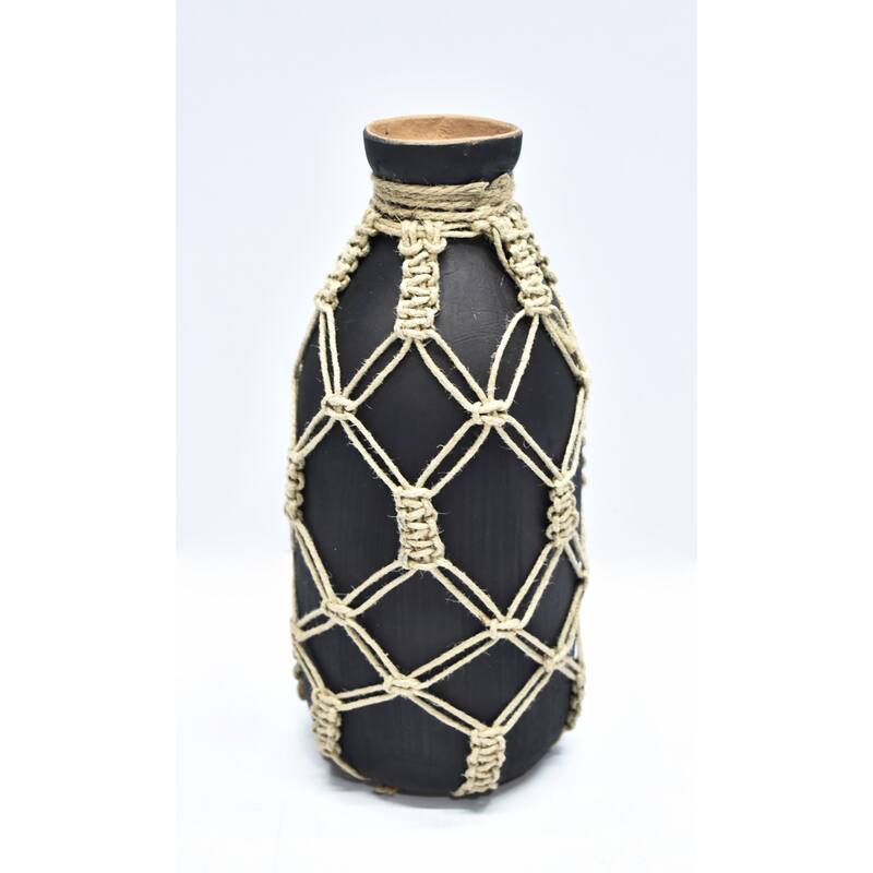 Small Mud Bottle Vase with Jute Rope - 9.75" - Black