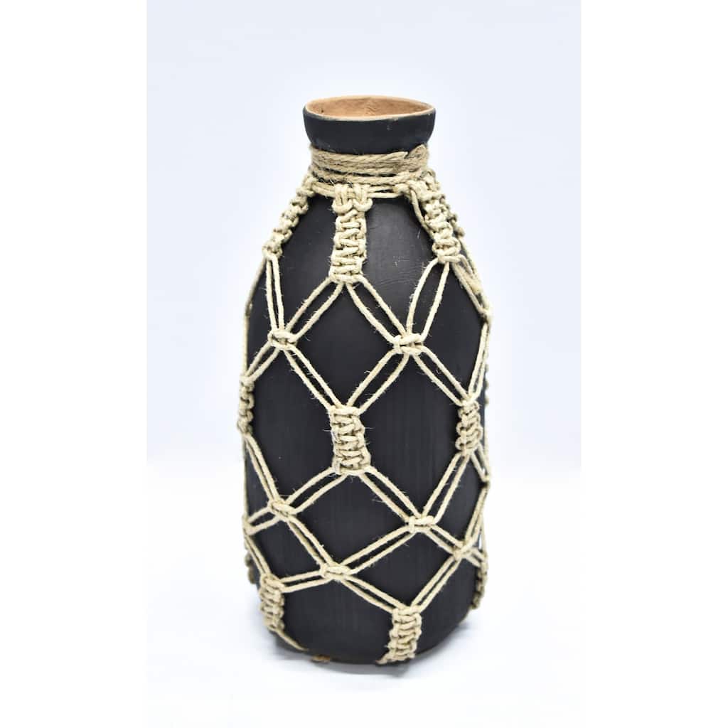 Small Mud Bottle Vase with Jute Rope - 9.75" - Black