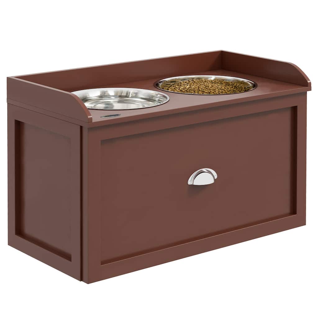 PawHut Dog Feeding Station with Storage Drawer, Dog Food Storage Cabinet with 2 Removable Elevated Dog Bowls