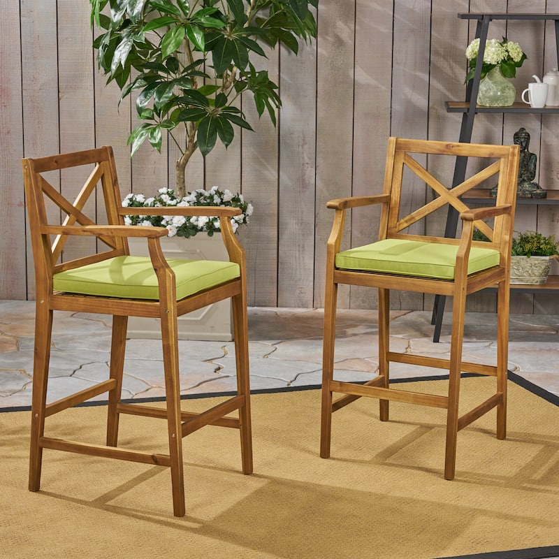 Roomfitters 2-Piece Outdoor Acacia Wood Bar Stools with Armrests and Cushions, X-Back Patio High Dining Chairs