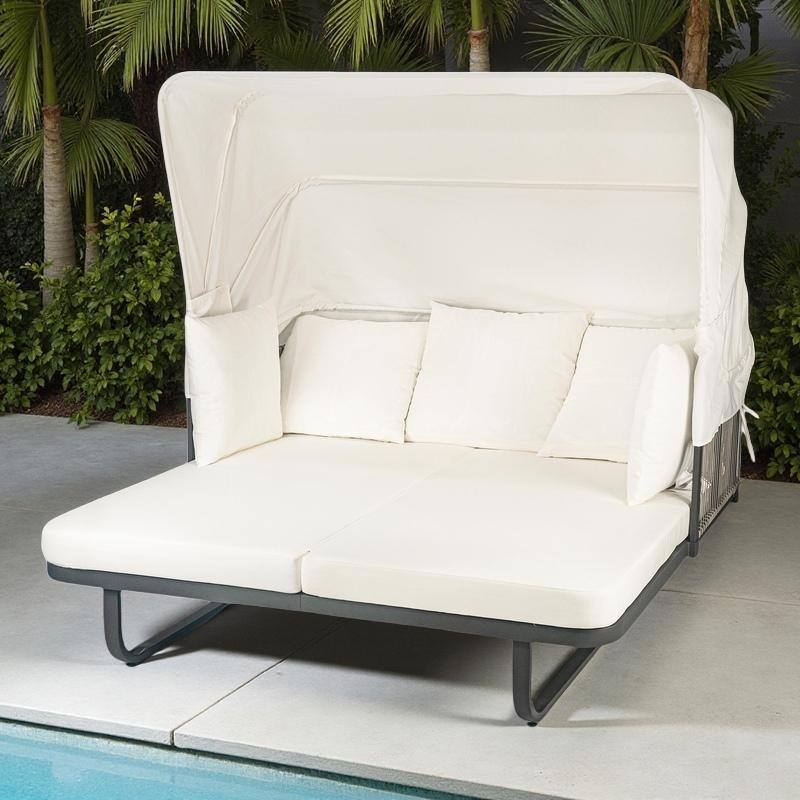 57" Outdoor Patio Rattan Daybed Sunbed with Retractable Canopy and Pillows - Beige