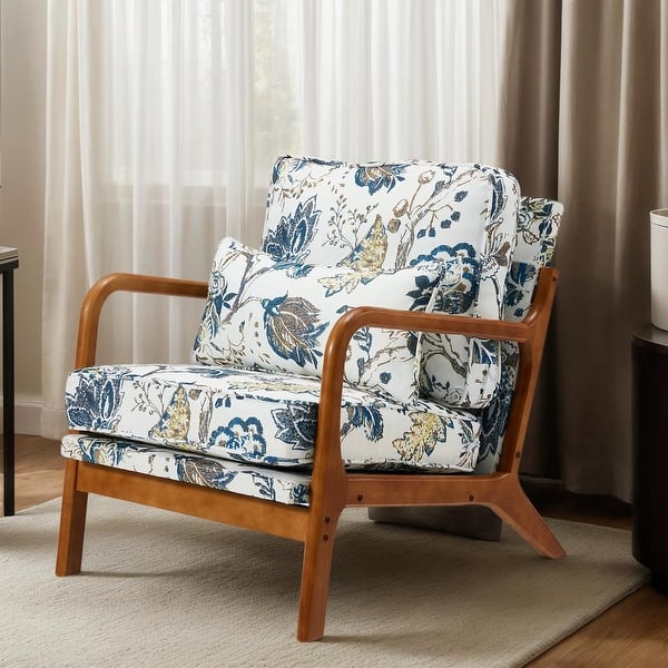 slide 2 of 9, EROMMY Floral Accent Chair, Mid Century Modern Upholstered Armchair with Wood Frame and Cushion for Living Room Single Chair
