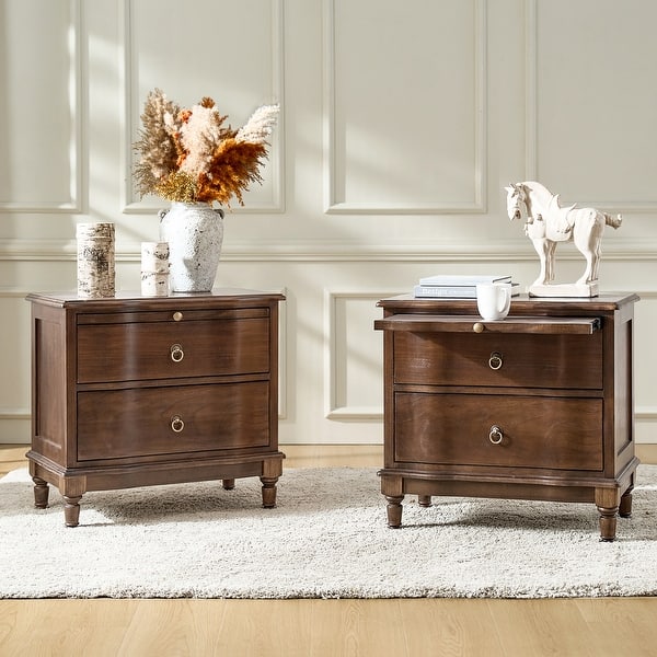HULALA HOME Becky Traditional 2-Drawer Solid Wood End Table with Integrated Power Outlets and USB Ports Set of 2 - Walnut