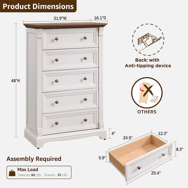 Farmhouse 5 Drawers Dresser, Wood Rustic Chest of Drawers for Bedroom