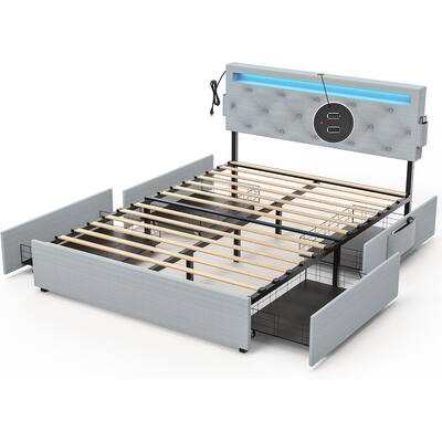 Queen Bed Frame with USB Charging Station and LED Lights