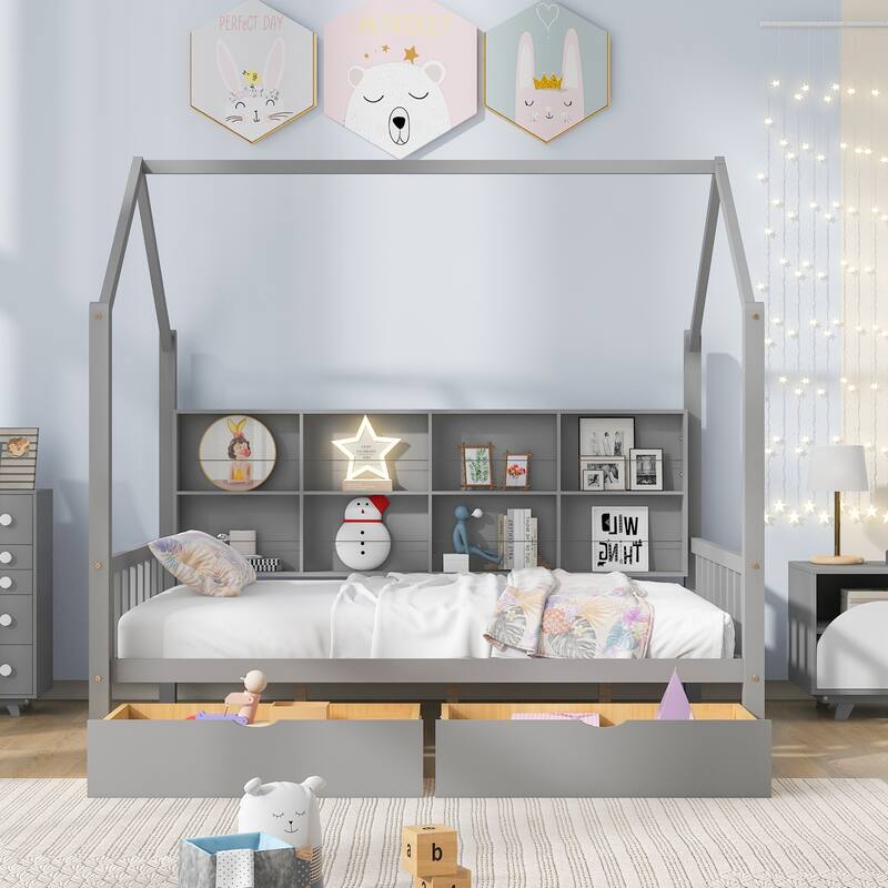 Wooden House Bed with 2 Drawers, Kids Bed with Storage Shelf