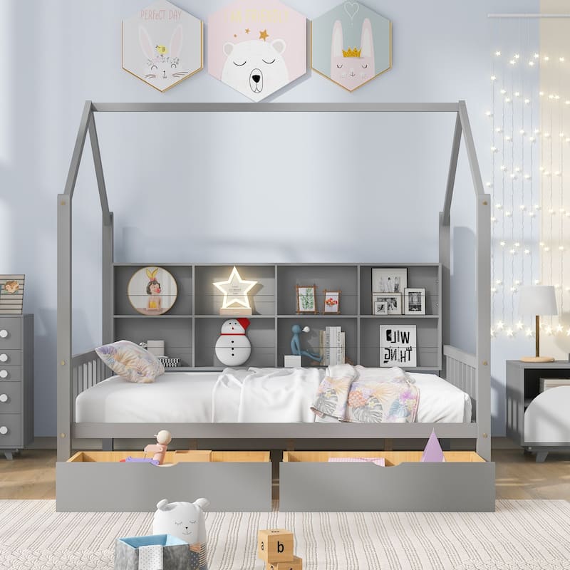 Wooden House Bed with Drawers