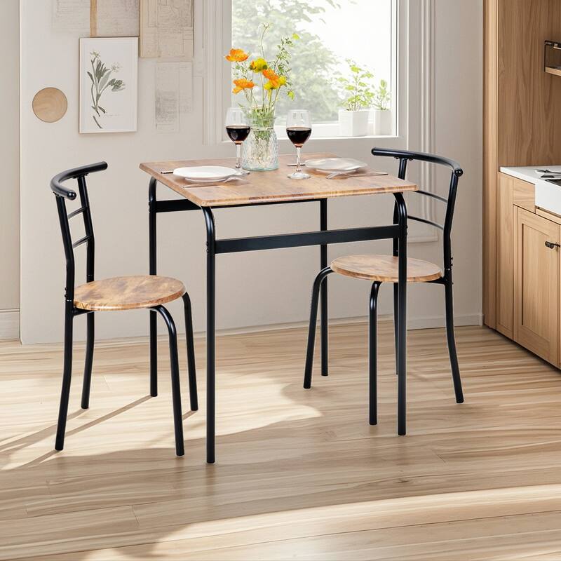 VECELO 3-Piece Compact Dining Set Space Saving 26.4" Square Table & Nesting Chairs Black Curved Frame & Round Back Chairs