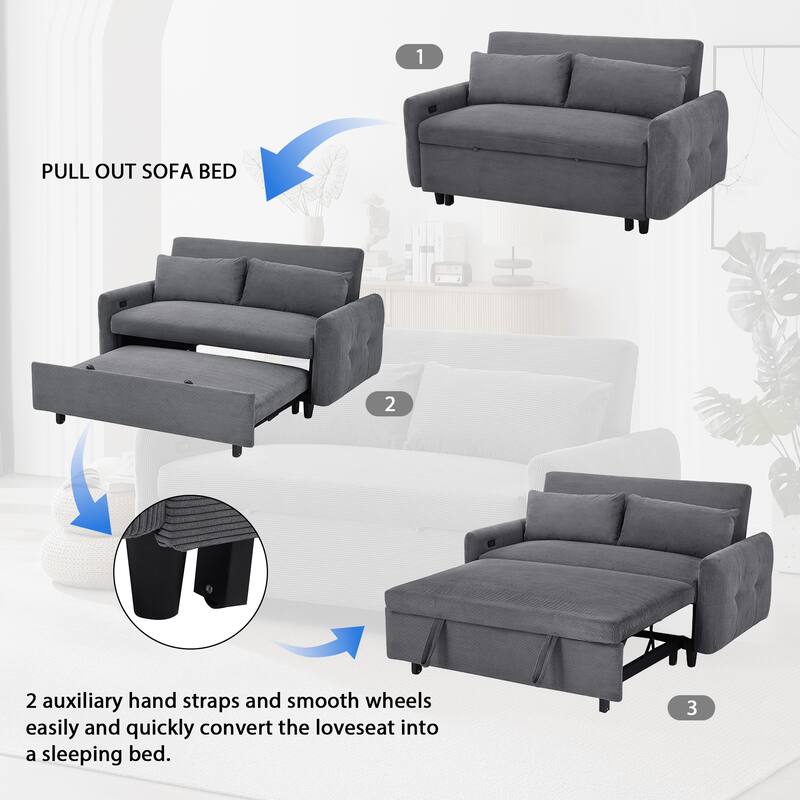 57.48" Corduroy Convertible Sofa Bed with Pull-Out Sleeper, Adjustable Backrest & USB