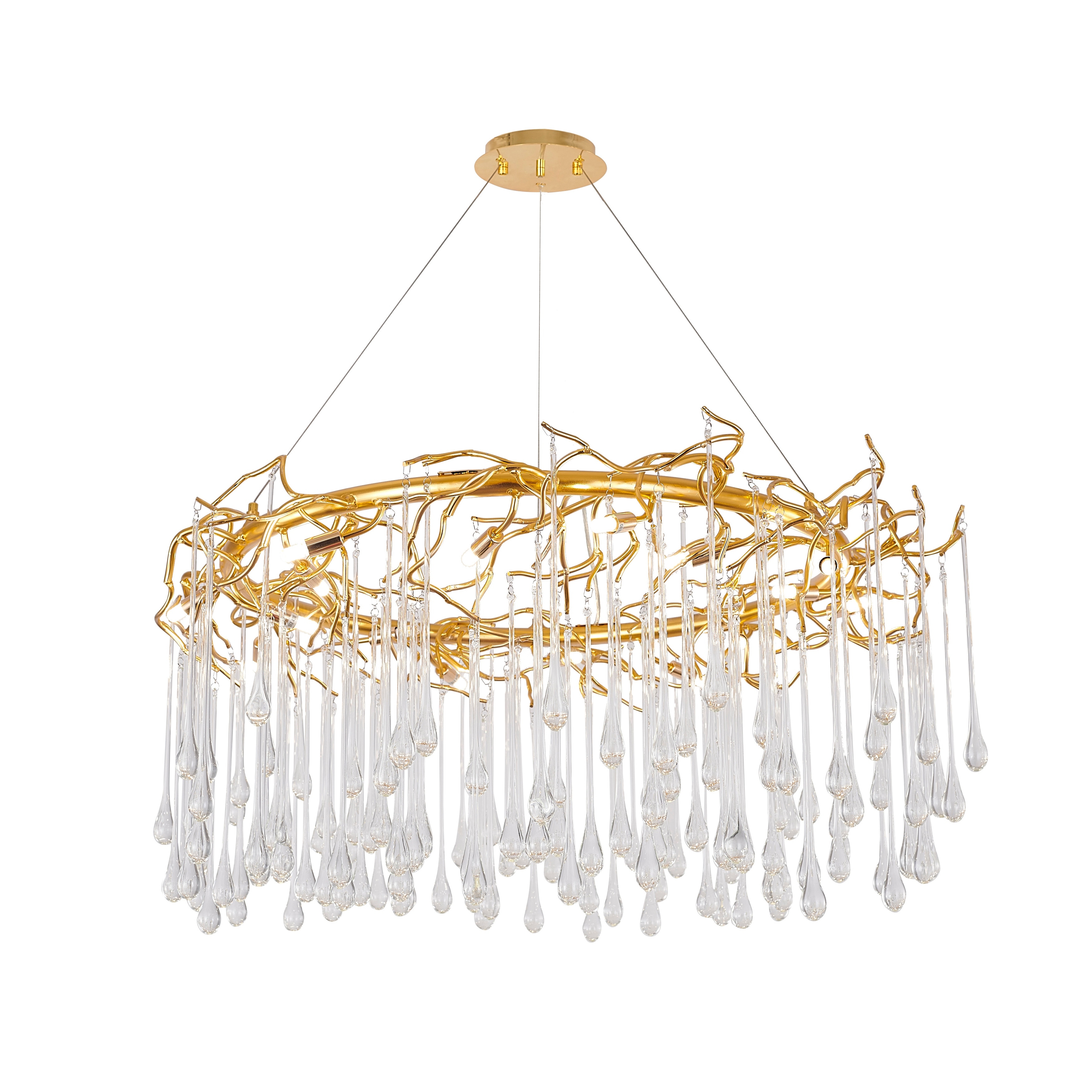Contemporary 16-Light Gold Aluminum Chandelier With Clear Glass Drops