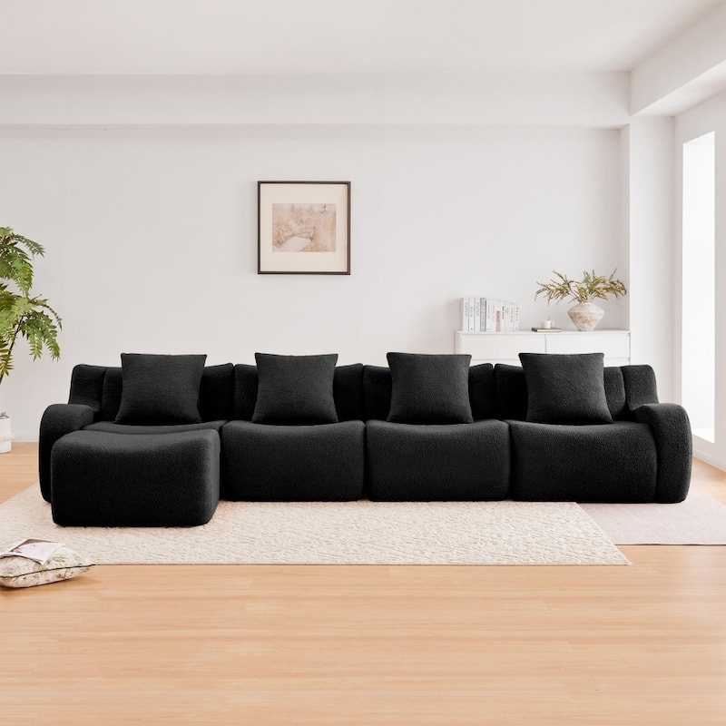 Modern Boneless Teddy Fabric Sectional Sofa with High Density Sponge - Black