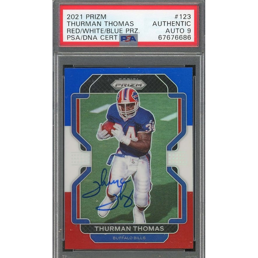 Thurman Thomas 2021 Panini Red White Blue Prizm Signed Card #123 Auto PSA 9 - 8'6" x 11'6"