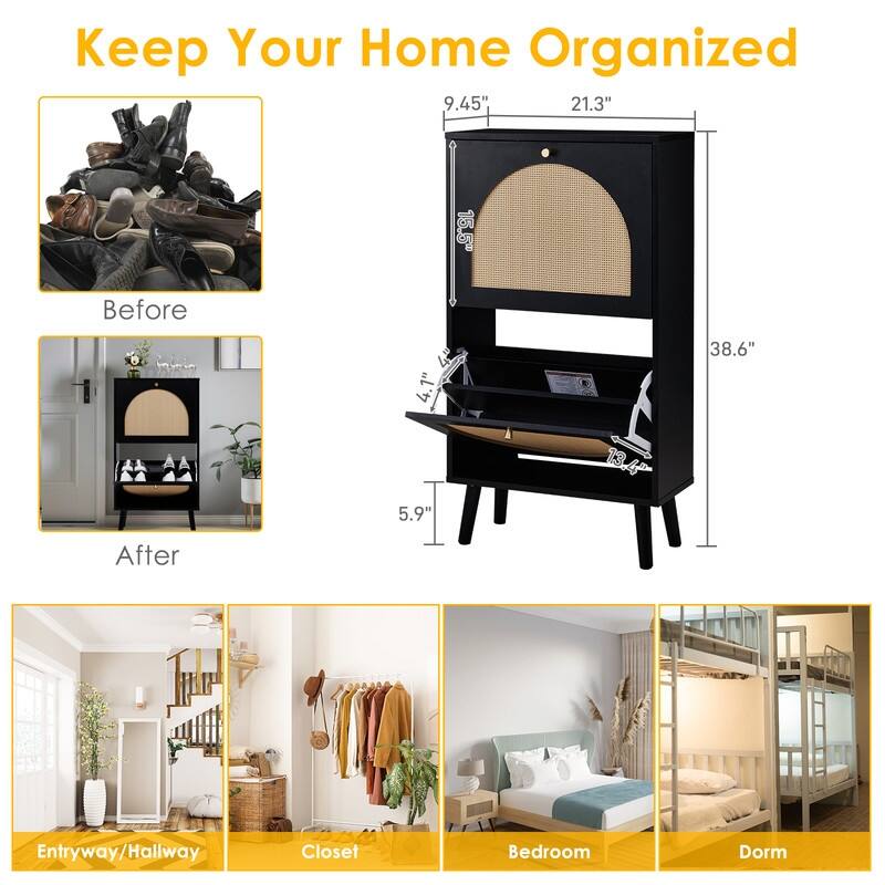 Rattan Shoe Cabinet with 2 / 4 Flip Drawers, Narrow Shoe Storage Cabinet,Organizer for Entryway, Bedroom, Living Room