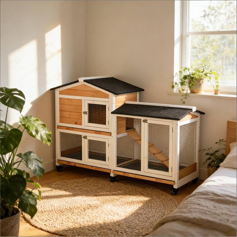 Pet Hutch,Mobile Wooden Rabbit Hutch